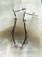 Pink stone flower silver earrings