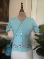 Lorian 38 baby blue cotton, embroidered cardigan, blouse with shell buttons