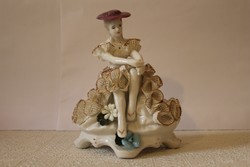 Porcelain female ballerina statue in lace dress with hat