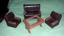 Old toy wooden doll's room furniture leather sofa set + glass table 12-18 cm together for dolls according to pictures