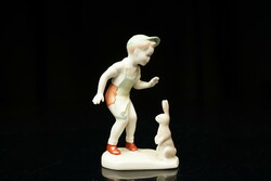 Old aquincum porcelain boy with bunny / figurine / rabbit / retro old