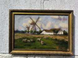 Antique beautiful landscape painting, windmill, pasture, sheep's wool, the theme is good quality and colors