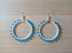 Blue and white beaded hoop earrings