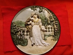 Antique 19th century Baroque relief glazed ceramic scenic wall picture 24 cm diameter according to the pictures