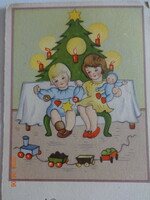 Régi grafikus újévi üdvözlő képeslap: kislányok karásconyfa alatt
