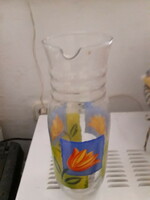 Tulipános festett üveg kancsó literes 26x9 cm. újszerű