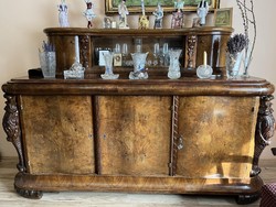 Furniture made at the end of the 19th century, sideboard, showcase, table, 3 chairs, armchair, chandelier with wall arms