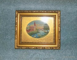 Antik goblein gobelin kép "Templom a folyóparton" üvegezett képkeret 37*43,5 cm