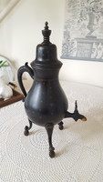 Antique hand-painted metal jug, small sphere on wooden legs