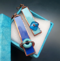 Special, clownish, very unique glass earrings in clear and royal blue glass and glass beads