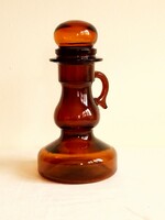 Old amber brown colored molded glass bottle with a handle, special shape, with a glass stopper 22 cm, the pictures s