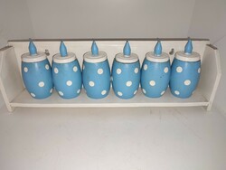 Extra special old folk wooden wall spice holder with blue dots.