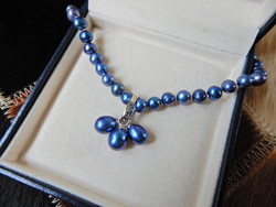 Man sang brand blue cultured pearl string with silver pendant