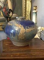 Spherical earthenware retro German vase painted with blue metal glazes