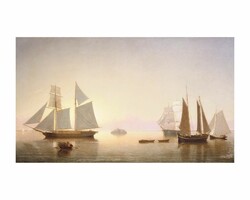 Beautiful, antique, reproduction of a painting depicting sailboats, vintage poster