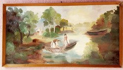 Net throwers, Great Plain landscape with end signature, antique oil-canvas painting from the beginning of the last century