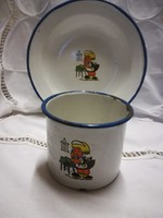 Bonyhád enamel plate + mug with the same decor