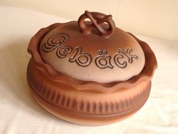 Régi német iparművész belül mázas kerámia fedeles sütőtál sütemény tálaló tartó edény