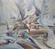 György Klimaj: collision (oil on canvas with frame) reproduced, modern semi-abstract painting - cars
