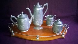 Antique German metal tea or coffee set with wooden tray
