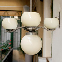 Art deco - bauhaus chandelier - 3 arms, 4 burners - cream shade and shades - lampart