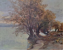Pál Ruzicska: sunset, detail along the Danube, 1949 (oil) Novi Sad, Voivodeship, trees by the water