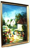Artwork by Imre Fehér, market scene, 70x50 oil canvas