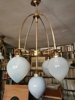 Antique copper Art Nouveau five-branch chandelier with opaline shades from the beginning of the twentieth century