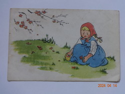 Régi grafikus üdvözlő képeslap: virágot szedő kislány