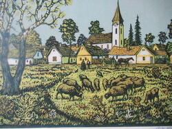 Mátyás Réti (1922-2002): village, colored linocut
