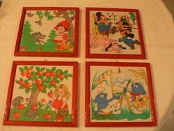 Pictures from old textile handkerchiefs, 4 pieces with message scenes