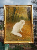 Heyer Arthur: Nívósan restaurált.Perzsa macska tájban, olaj, vászon-kartonra kasír,falc 56x76