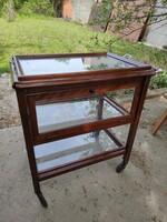 Original antique art deco party cart with round glass, opening door, pull-out and removable tray