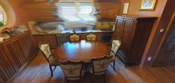 Dining set. Inlaid table with 6 tapestry fabric chairs.