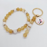 Matte citrine mineral bracelet and key chain set