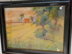 Bm monogram: village landscape, watercolor