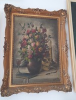 Oil canvas painting frame - floral still life skull rosary