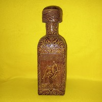 Spanish-marked, leather-covered, corked bottle, brandy bottle. Decorative glass.
