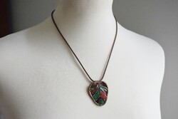 Necklace hippy style leather and fire enamel leaf 48 cm, 4 cm pendant