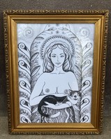 The woman with a cat - 29x37 cm with frame (naked - semi-naked)