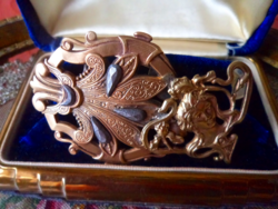 Antique filigree art nouveau decorative belt buckle 7.5 x 5.0 cm made of copper.