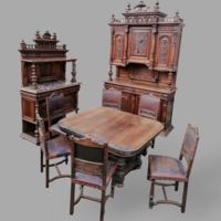 Antique walnut Neo-Renaissance dining table with chairs