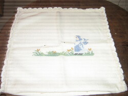 Beautiful vintage cross-stitch embroidered duck shepherdess throw pillow cover