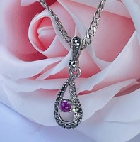 Silver chain with marcasite and amethyst stone pendant
