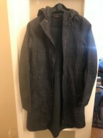 Transitional, hooded, long women's jacket, barely used. Gray-black, front zipper, velcro sleeves.