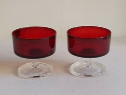 Two burgundy dark crimson red luminarc france drink ice cream glass goblets with red bases