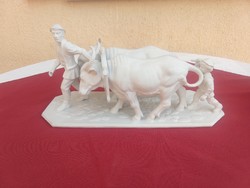 Village life, a family driving cattle and cows, father and son, porcelain sculpture, 35x18cm, flawless,