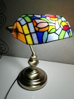 Wonderful banker table lamp in antique brass with stained glass