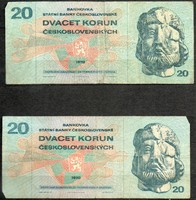 D - 290 -  Külföldi bankjegyek:  Csehszlovákia 1970  20 korona    2x
