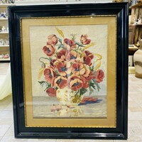 Poppy needle tapestry in an antique frame